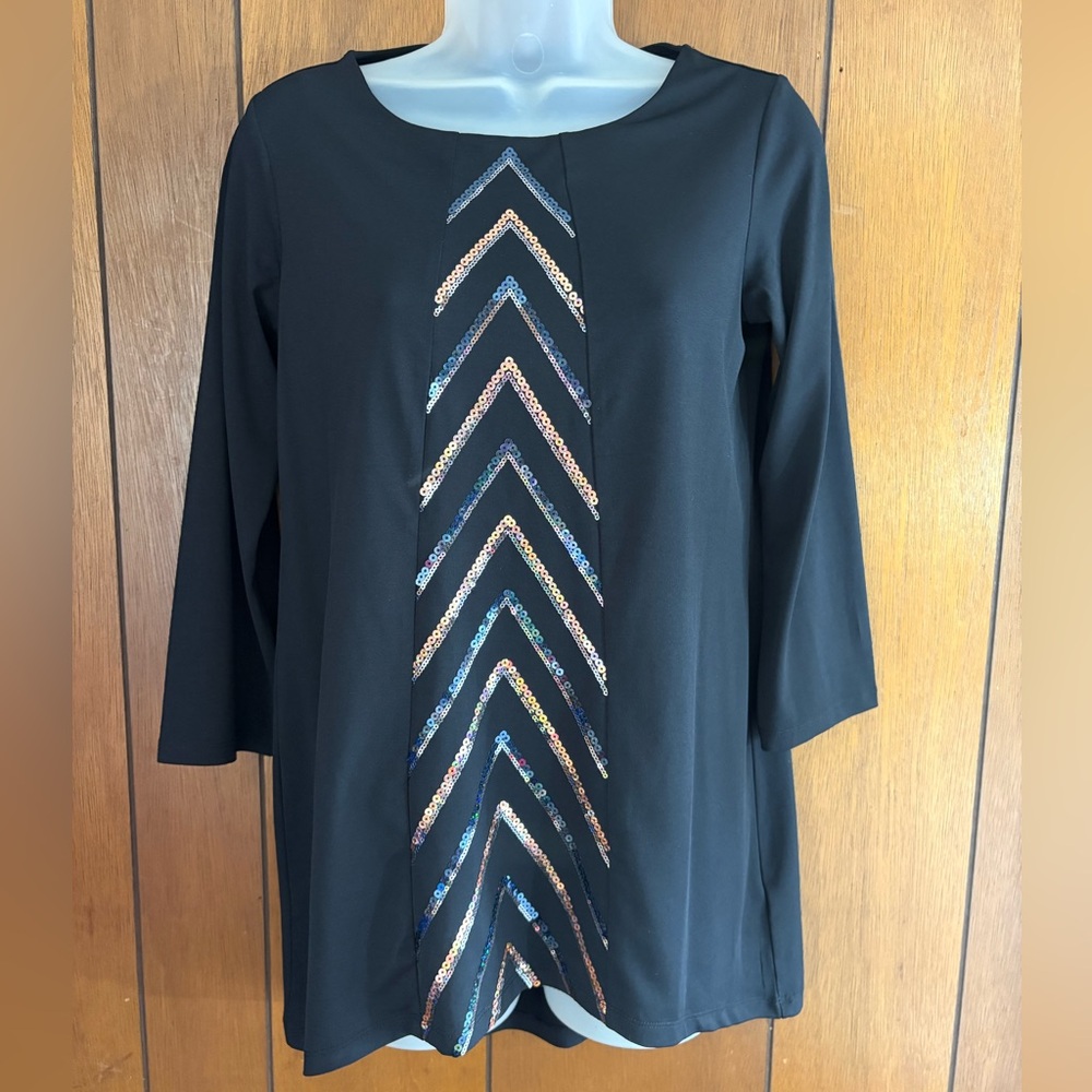 Bob Mackie Wearable Art Tunic Top Women's XXS Black Sequin Chevron Luxe Cocktail